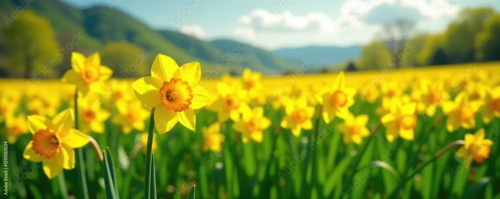 Springtime flower field with bright yellow daffodils, countryside,, blooming Springtime flower field with bright yellow daffodils, countryside,, blooming