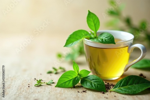 Tulsi leaves and green tea leaves intertwined in a cup, plants, relaxation