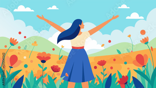 A woman stands foot in a field of wildflowers her arms outstretched as she captures the vibrant colors of nature through her camera lens finding. Vector illustration