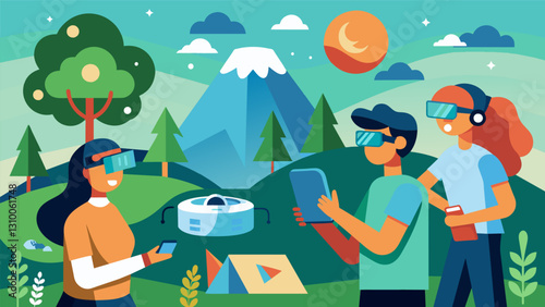 The campers use virtual reality technology to brainstorm and design a sustainable ecotourism project.. Vector illustration