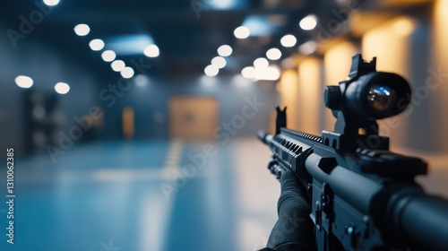 Aiming Rifle in Indoor Shooting Range