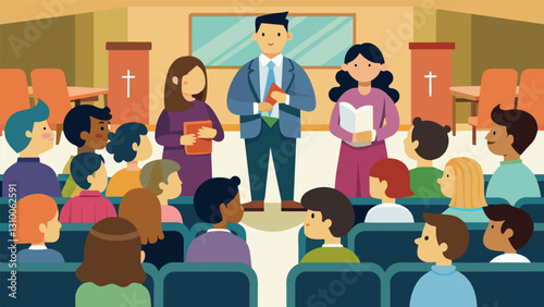 The church auditorium is filled with the chatter of excited parents and godparents as they mingle and get to know each other before the class begins.. Vector illustration