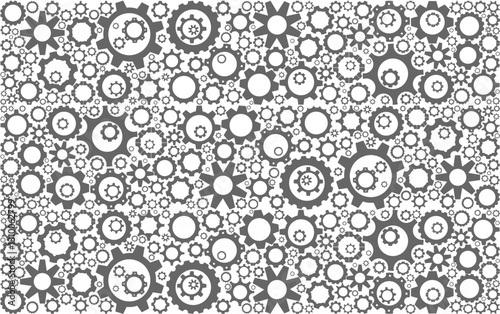 Design for backgrounds or wallpapers completely filled with variable gears and cogwheels of different sizes and shapes on a white backdrop
