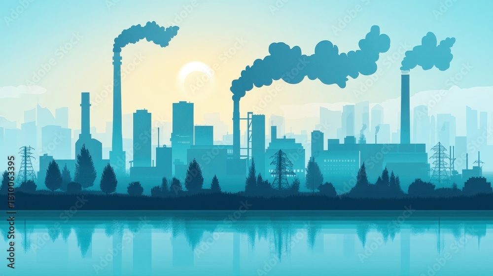 Fototapeta premium Industrial Skyline Reflection: A Cityscape Silhouette Amidst Nature's Hues