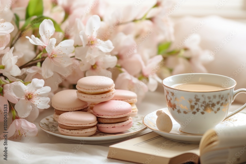 A cozy tea setting with pastel macarons, fresh lilies, and an open calendar for march 8