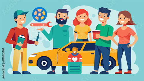 A group of proud owners show off their impressive haul of newly acquired parts trading stories and tips with fellow car enthusiasts.. Vector illustration