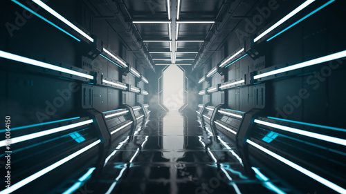 A neon-lit sci-fi corridor with glowing blue lights leading toward a bright exit ai generated