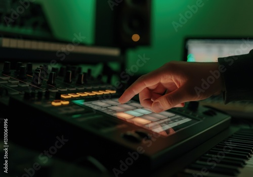 Music producer using a digital audio workstation with vibrant lighting