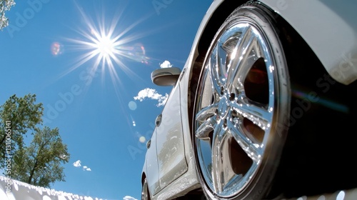 Low angle view of white car with shiny wheels on sunny day. Summer Tire Changeover Month