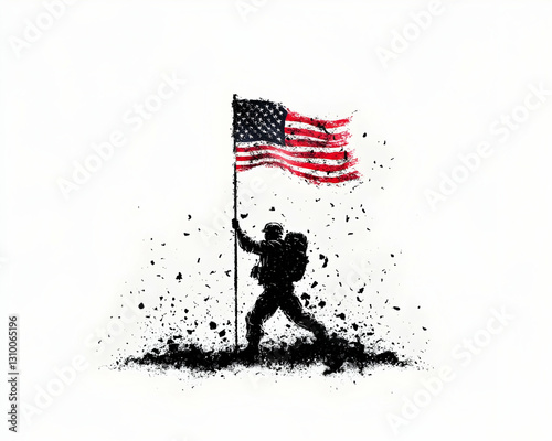 Silhouette soldier raising tattered American flag.