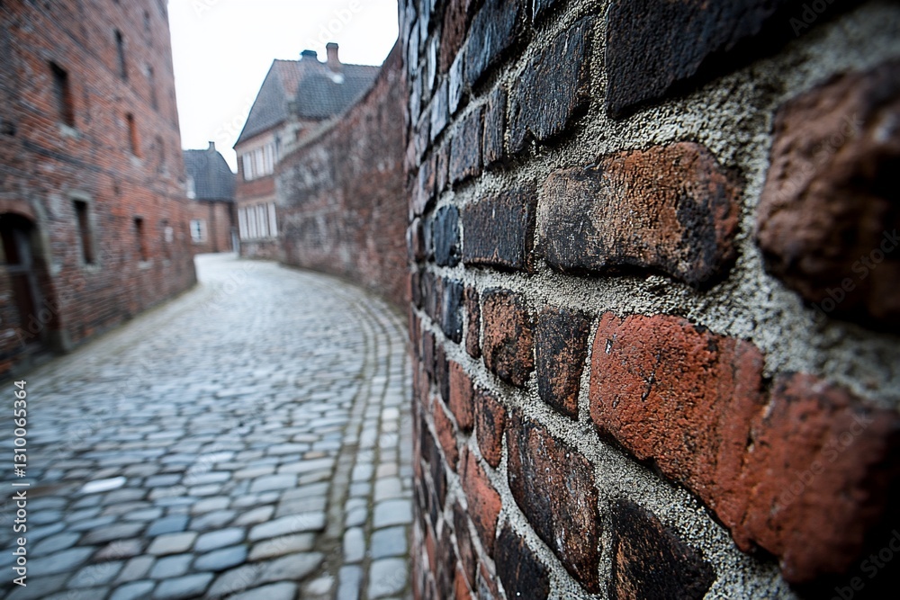 Cobblestone street curves past aged brick wall