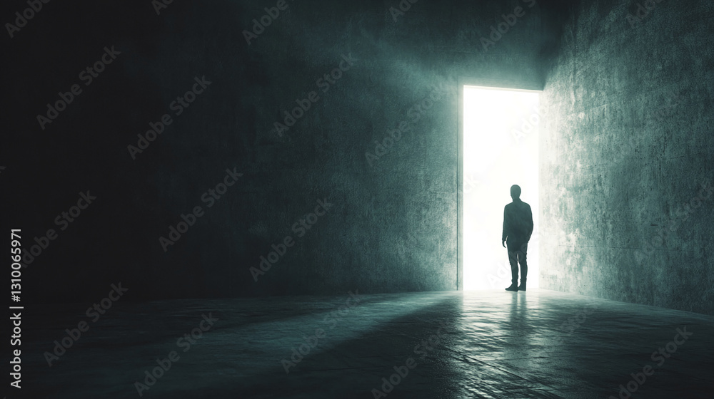 Silhouette of person standing before bright doorway in dark room, symbolizing hope, transition, or new beginnings, ideal for motivational or spiritual concepts Silhouette of person standing before bright doorway in dark room, symbolizing hope, transition, or new beginnings, ideal for motivational or spiritual concepts