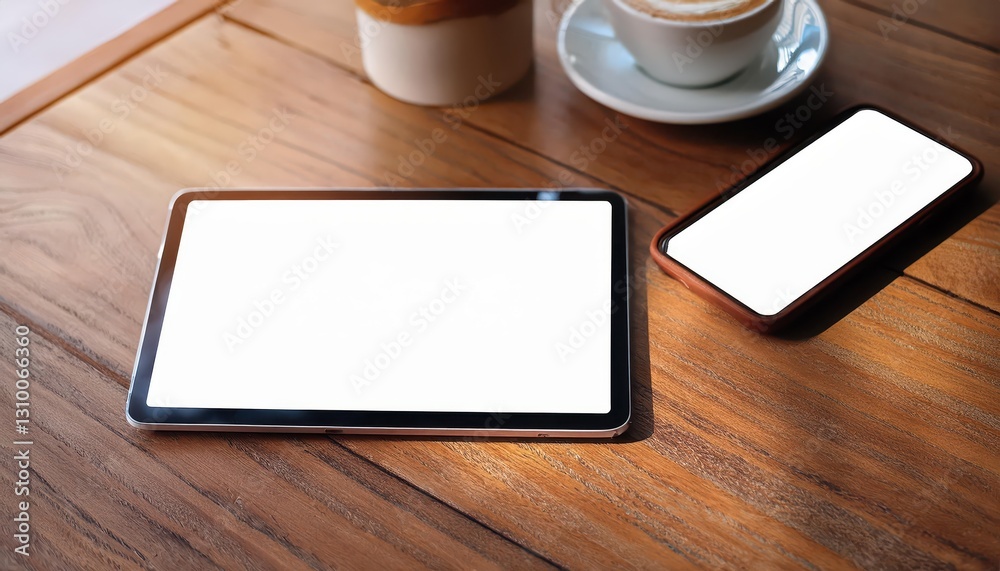 Coffee Break in a Cozy Cafe Tablet, Smartphone, and Coffee Cup Arranged on Rustic Wooden Table, Amidst a Modern Atmosphere with Hints of Warmth and Minimalism Coffee Break in a Cozy Cafe Tablet, Smartphone, and Coffee Cup Arranged on Rustic Wooden Table, Amidst a Modern Atmosphere with Hints of Warmth and Minimalism