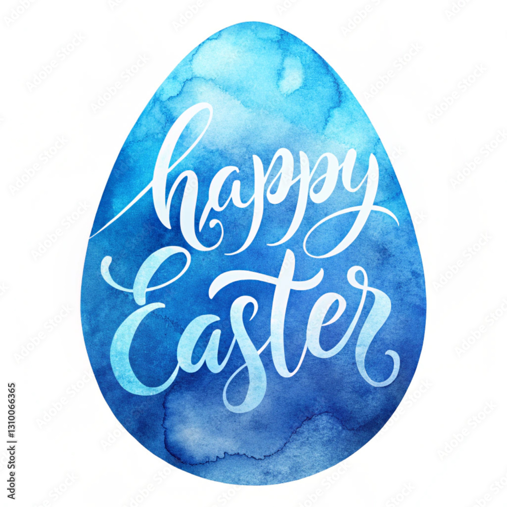 vector illustration. Watercolor imitation Happy Easter background. Shaped in egg form. Blue colored. Handwritten modern calligraphy text `Happy Easter. 