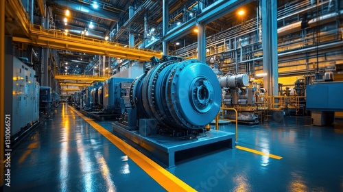 Inside a Power Plant: Turbine Hall with Generators and Complex Infrastructure.