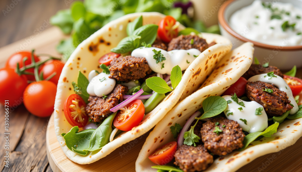Savory lamb pitas with tzatziki on wooden table, culinary delight Savory lamb pitas with tzatziki on wooden table, culinary delight