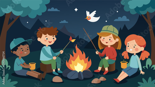 A group of kids gathered around a campfire roasting marshmallows and sharing stories of their best catches from past fishing derbies.. Vector illustration