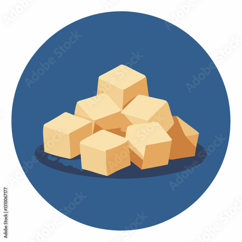 Pile of golden sugar cubes on a blue background with smooth texture