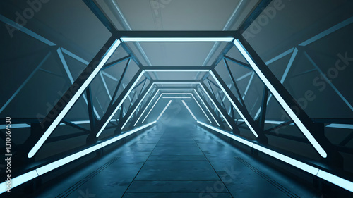 A futuristic corridor illuminated by neon blue lights, creating a sci-fi atmosphere ai generated