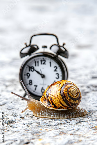 Snail slowly approaching an alarm clock