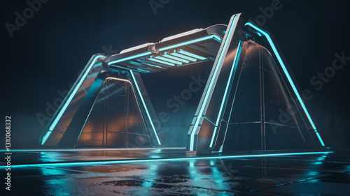 A futuristic neon-lit metallic structure with a sleek, cyberpunk-inspired aesthetic in a moody, misty environment ai generated