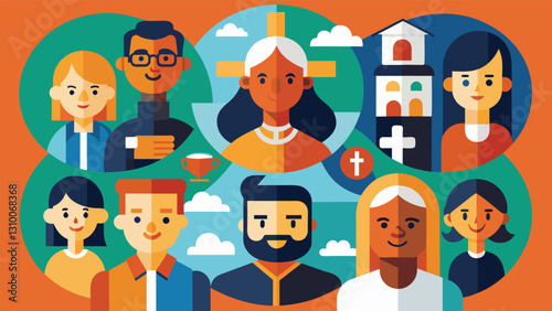 Individuals of various cultures and languages collaborate to create a multilayered multicultural mosaic representing the global reach of the church.. Vector illustration