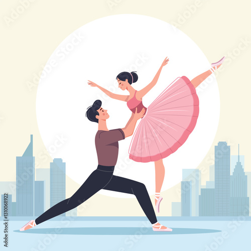Couple of pretty and gentle ballerina man and woman dancing on white background in the city. Poster, Banner, Flyer, Greeting Card. Vector illustration in flat cartoon style