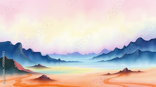 Serene mountain landscape with soft hues and a winding road under a pastel sky