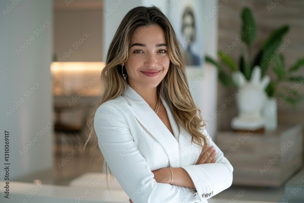 Smiling young Hispanic businesswoman in a white suit, standing with her arms crossed in a modern office Smiling young Hispanic businesswoman in a white suit, standing with her arms crossed in a modern office