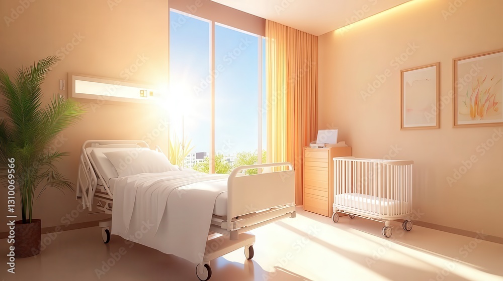 Fototapeta premium Serene Hospital Room with Sunlight, Bed, Crib, and Warm Color Palette