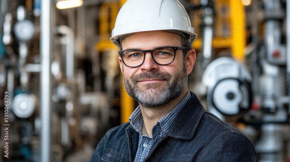 Industrial Engineer Portrait: Confident Man in Hard Hat Stands Amidst Complex Machinery