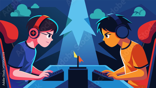 The pressure is on as a young gamer faces off against a seasoned opponent in a nailbiting match during the youth esports championship.. Vector illustration
