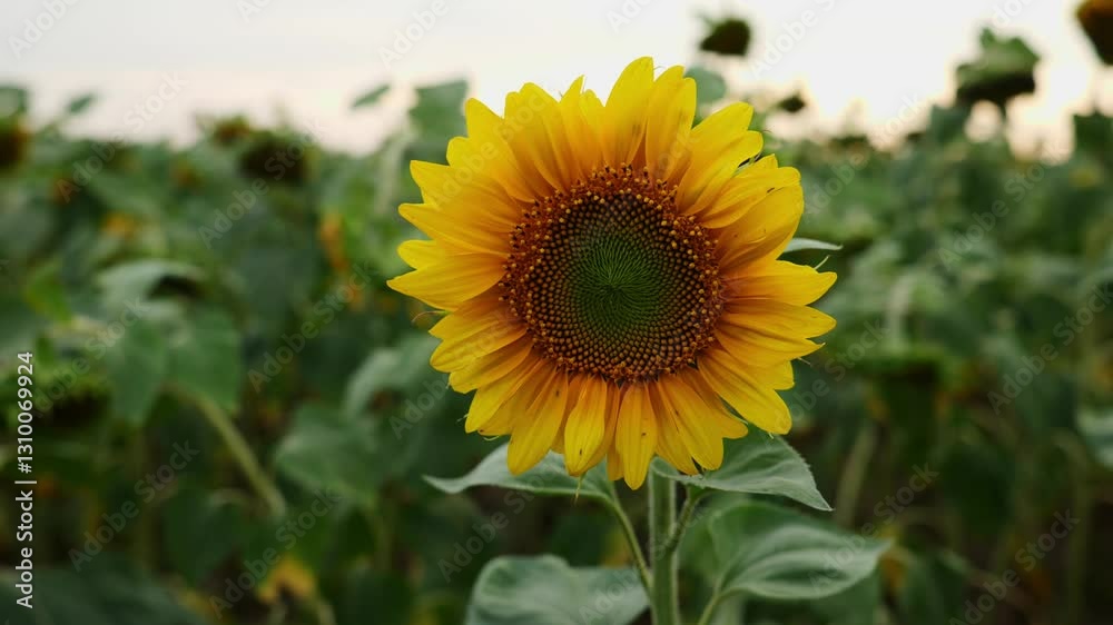 Image of a single blooming sunflower with yellow petals and a green center against a blurred background of a sunflower field swaying in the wind Image of a single blooming sunflower with yellow petals and a green center against a blurred background of a sunflower field swaying in the wind