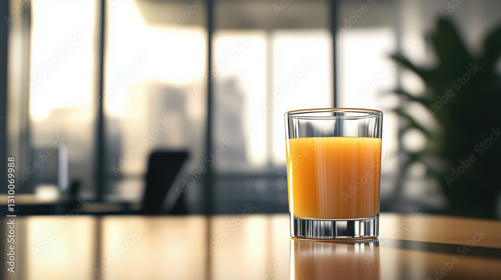 Side View of a Glass of Freshly Squeezed Juice on a Desk, with a Blurred Office Setting in the Background and Plenty of Space for Text Placement on the Right Side copy space Side View of a Glass of Freshly Squeezed Juice on a Desk, with a Blurred Office Setting in the Background and Plenty of Space for Text Placement on the Right Side copy space