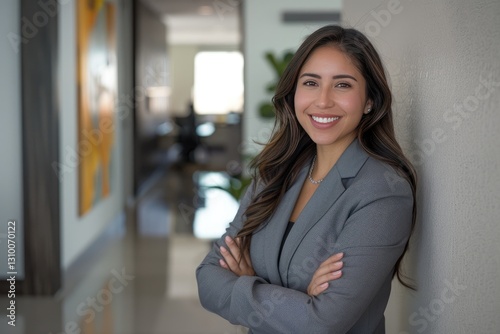 Modern office background featuring smiling Hispanic businesswoman in corporate setting