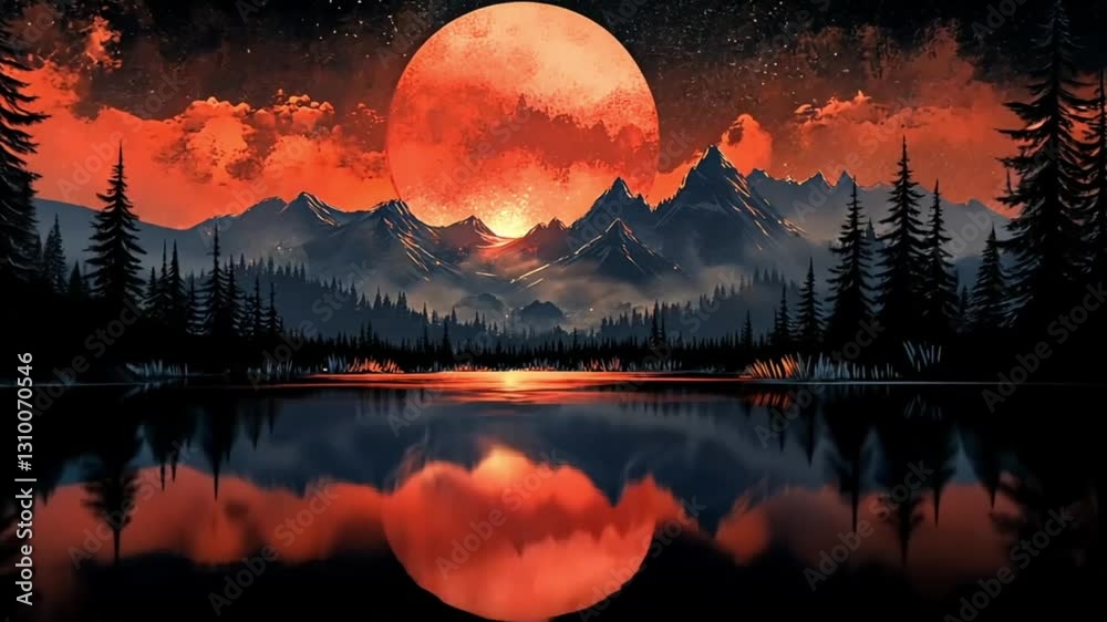 Red moon over a mountain lake. Reflection in calm waters. Use for desktop wallpaper Red moon over a mountain lake. Reflection in calm waters. Use for desktop wallpaper