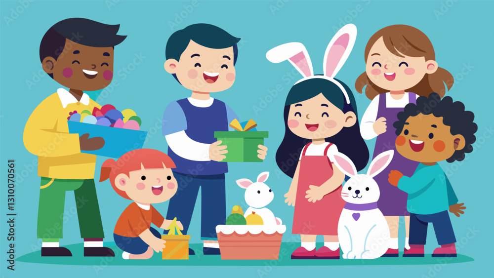A group of children giggling and playing with adoptable bunnies as their parents shop for secondhand goods.. Vector illustration A group of children giggling and playing with adoptable bunnies as their parents shop for secondhand goods.. Vector illustration