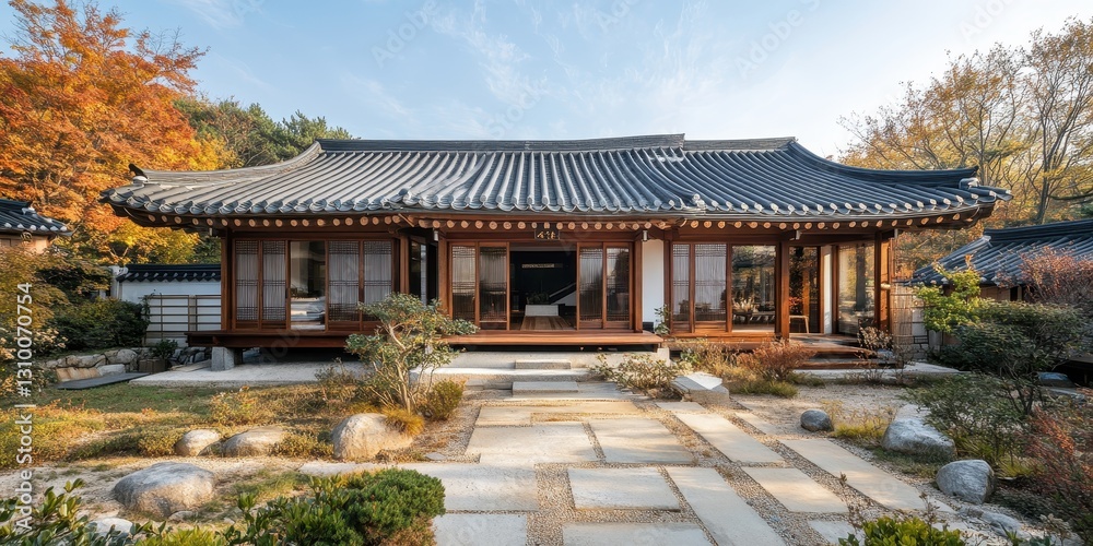 Fototapeta premium A traditional wooden building with a tiled roof in daylight