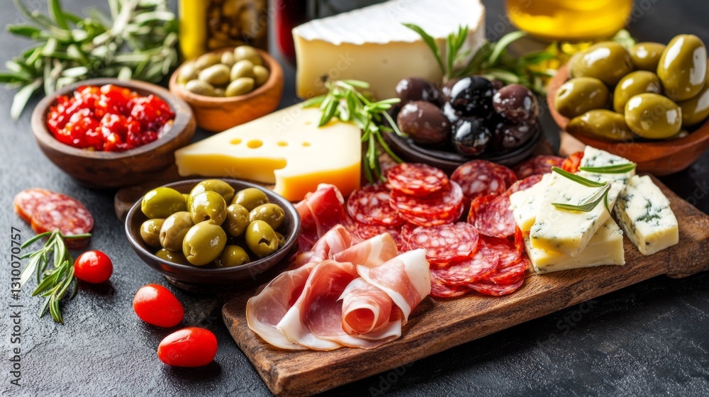 A beautifully arranged antipasti spread showcases an assortment of cheeses, vibrant olives, savory cured meats, and fresh herbs, inviting a delicious wine tasting experience A beautifully arranged antipasti spread showcases an assortment of cheeses, vibrant olives, savory cured meats, and fresh herbs, inviting a delicious wine tasting experience