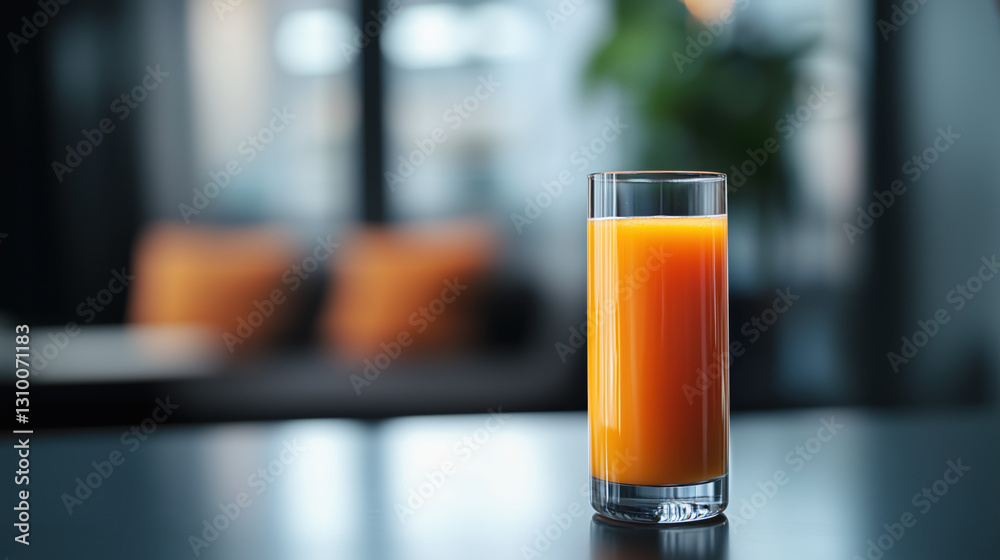 Side View of a Glass of Freshly Squeezed Juice on a Desk, with a Blurred Office Setting in the Background and Plenty of Space for Text Placement on the Right Side copy space Side View of a Glass of Freshly Squeezed Juice on a Desk, with a Blurred Office Setting in the Background and Plenty of Space for Text Placement on the Right Side copy space