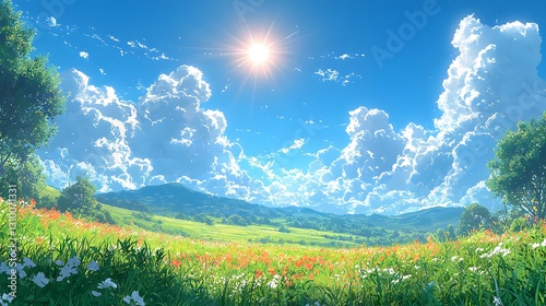 A vibrant sunny landscape depicting a field and cloudy sky