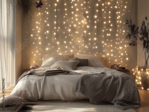 A cozy bedroom with string lights illuminating the wall behind the bed
