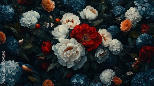 Floral Abundance: A Dark Garden of Red, White, and Blue Blooms with a Bird