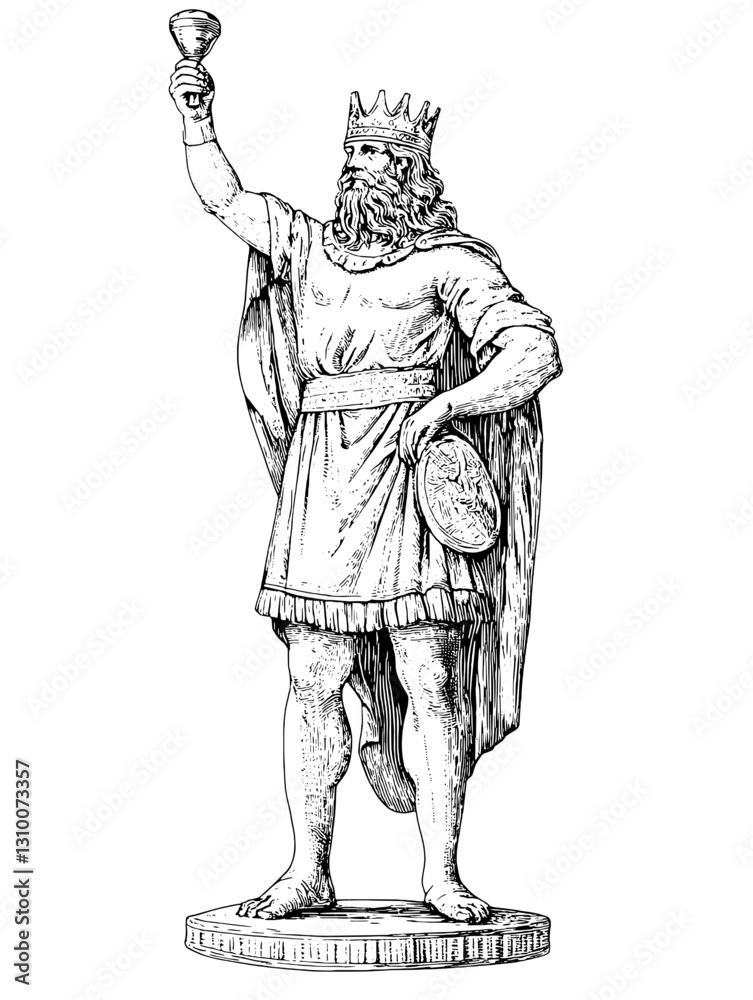 Fototapeta premium Majestic king raising a goblet in celebration surrounded by ancient symbols of power and nobility in an engraved style tattoo design