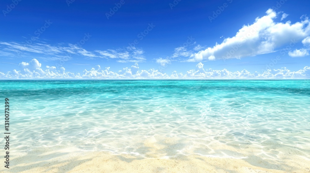 Obraz premium Tropical beach scene, calm ocean water, sunny sky, idyllic vacation
