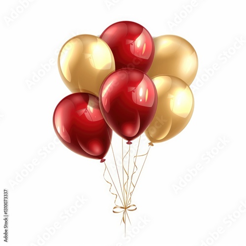 Red and gold glossy balloons isolated on white background for birthday party decoration cut-out