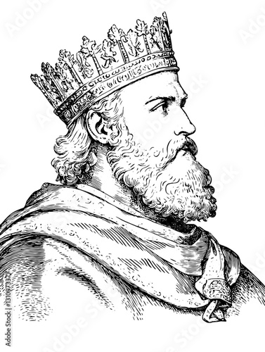 Engraved vector illustration of a regal king crowned with intricate details showcasing nobility and wisdom in timeless art