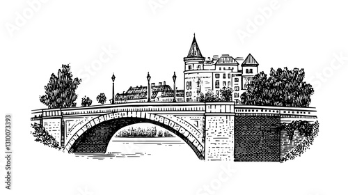 Engraved illustration of a bridge leading to a majestic castle surrounded by trees, showcasing a timeless architectural beauty