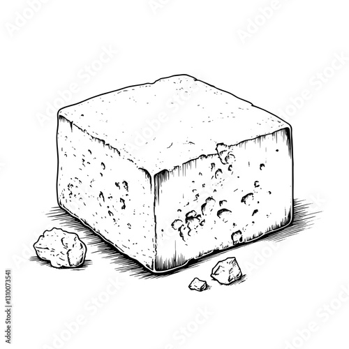 Engraved illustration of dairy art showcasing a textured block of cheese with crumbled pieces on a rustic surface