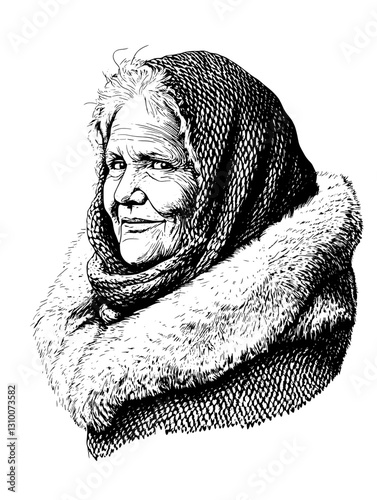 Wisdom of ages captured in an intricate tattoo illustration of an elderly woman adorned with a fur shawl